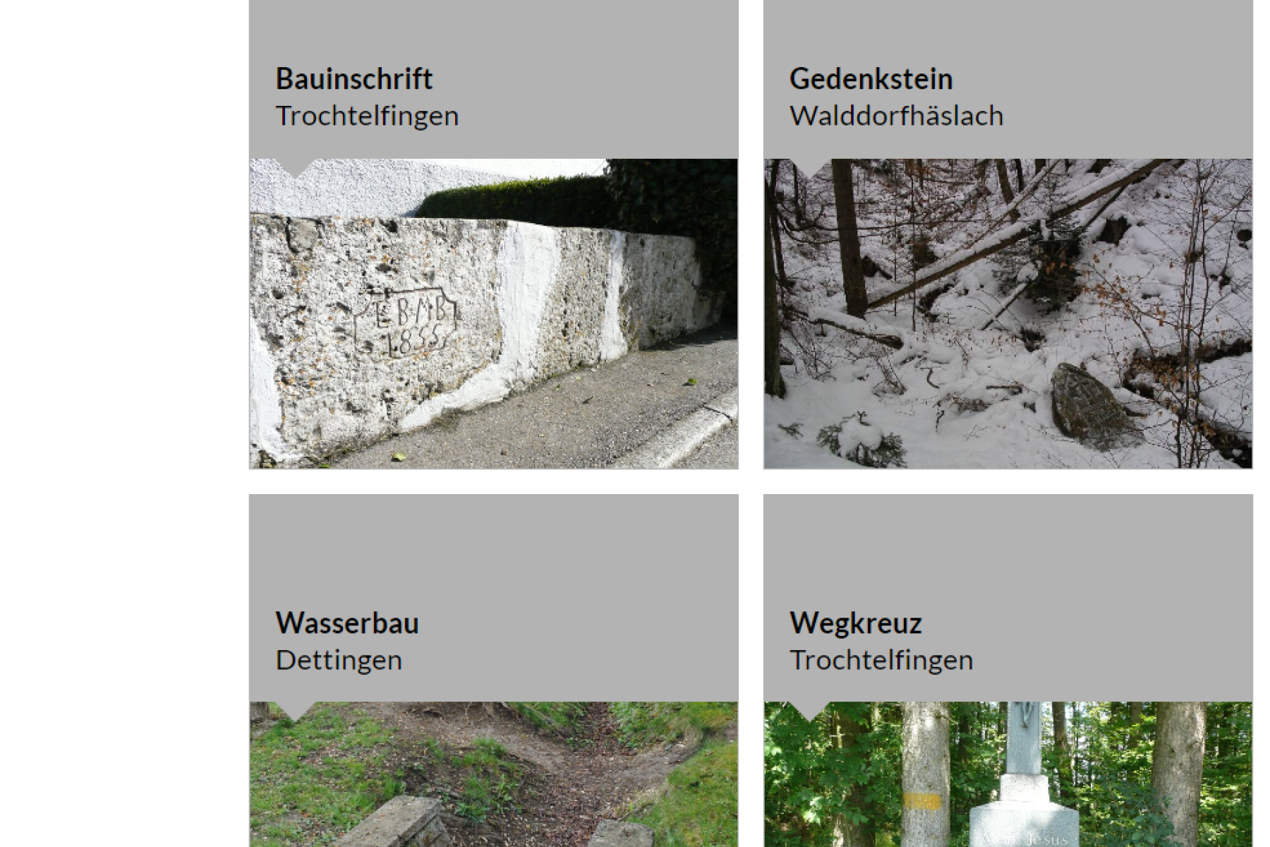 Screenshot des Online-Portal der Kleindenkmale im Landkreis Reutlingen, abgebildet sind viel Denkmale zum Anklicken