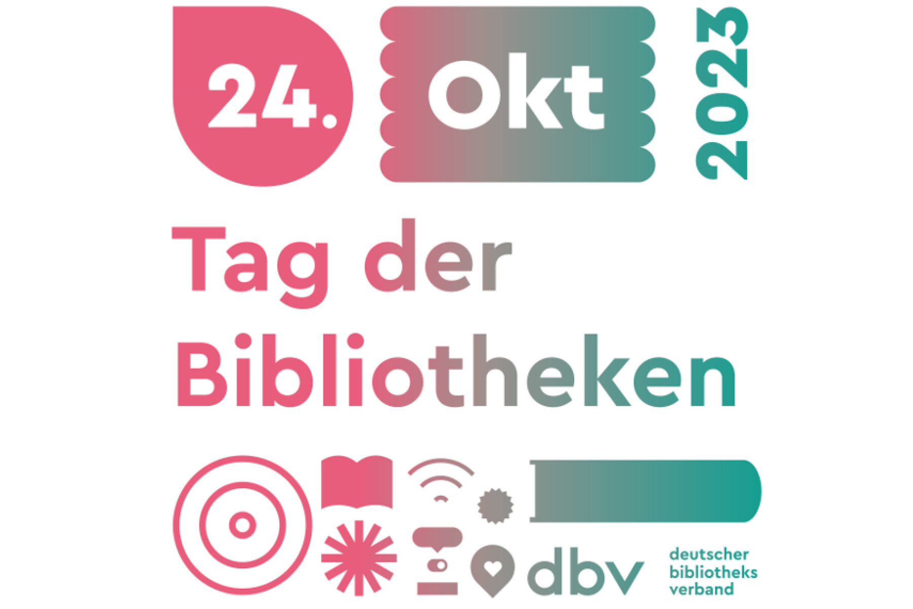 Grafik weißer Hintergrund mit pink und Grünen Symbolen. Schrift: 24. Oktober 2024, Tag der Bibliotheken
