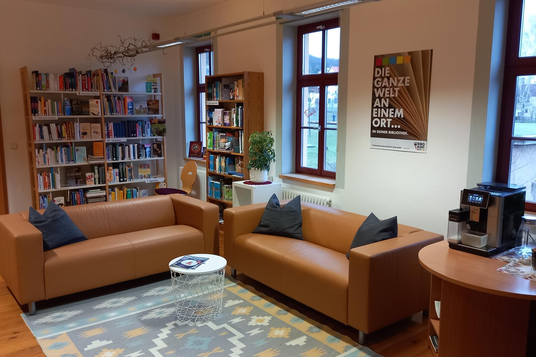 Sofaecke mit braucnen Sofas zum Lesen in der Bibliothek. Im Hintergrund Bücherregale.