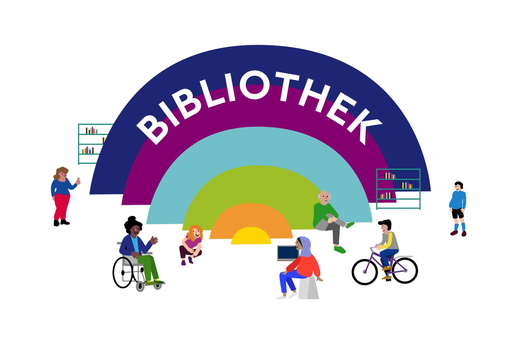 Grafik mit Regenbogen mit Schriftzug "Bibliothek". Davor verschiedene Menschen. 