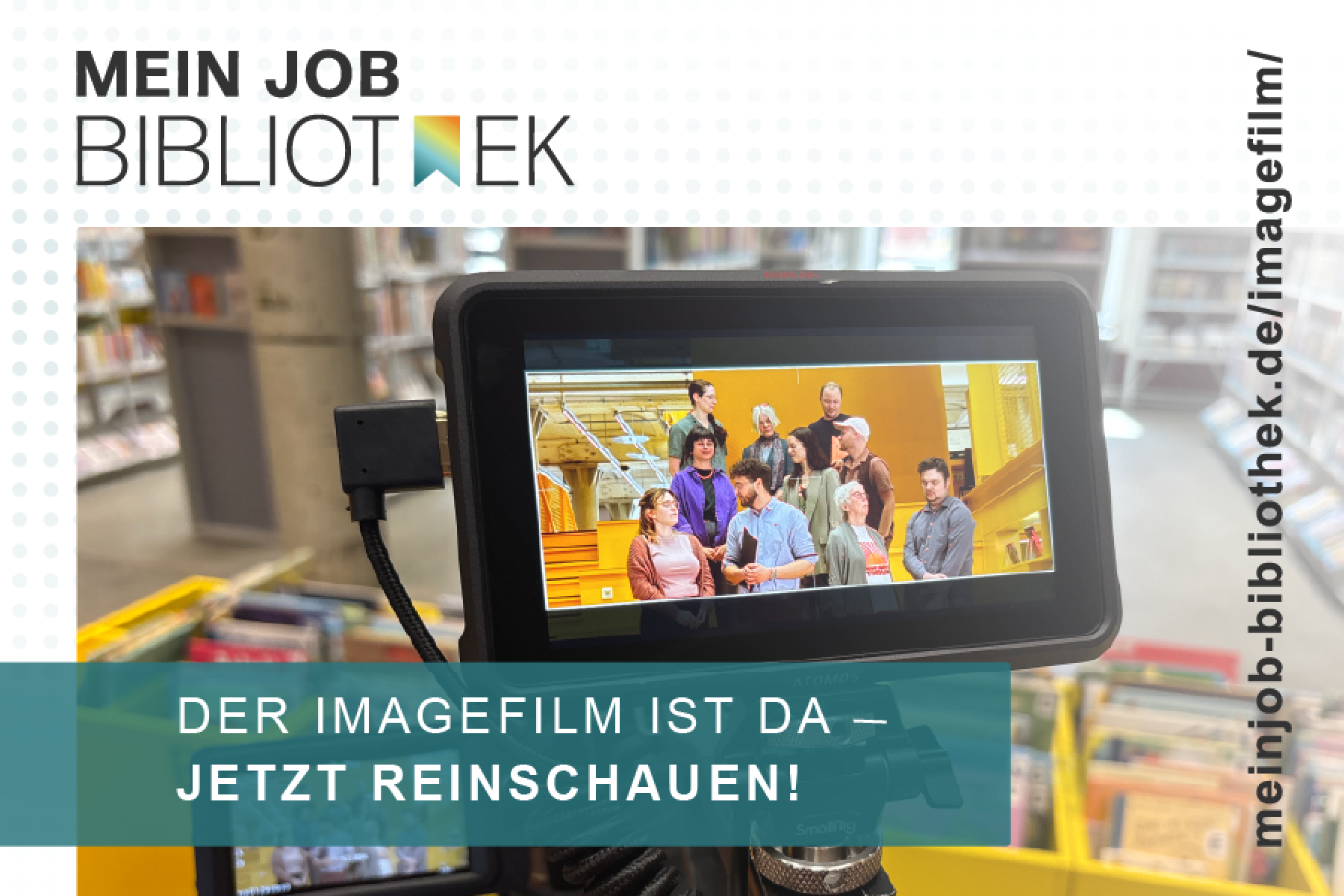 Grafik mit Blick auf eine Kamera. Darüber Schrift: Der Imagefilm ist da - jetzt reinschauen!