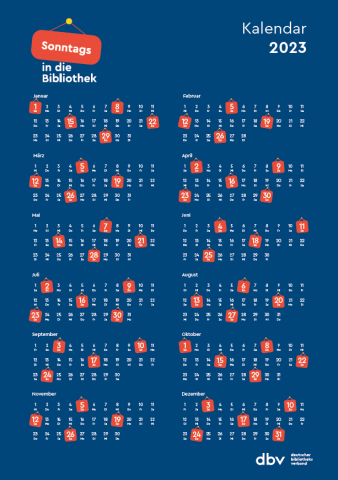 Kalender in Weiß auf Blau, alle Sonntage in Rot markiert. Oben das Logo der Kampagne "Sonntags in die Bibliothek" unten das dbv-Logo.