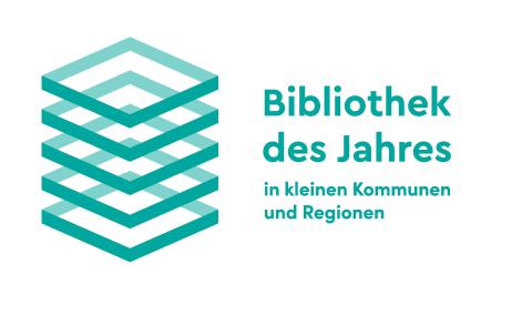 Logo der Auszeichnung "Bibliothek des Jahres in kleinen Kommunen und Regionen“ in grüner Schrift.