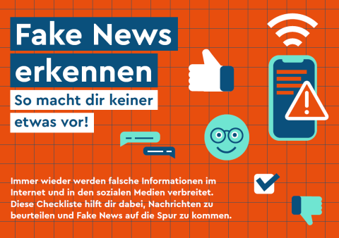 Titel der Checklsite "Fake News erkennen". Orangener Hintergrund, darauf Icons und der Titel.