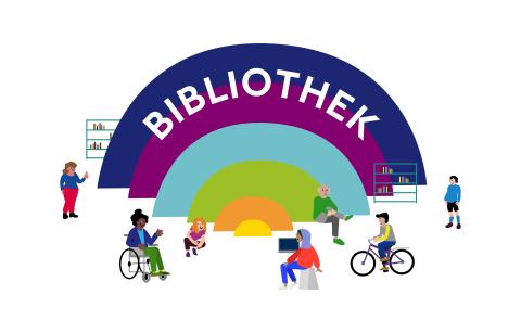 Grafik mit Regenbogen mit Schriftzug "Bibliothek". Davor verschiedene Menschen. 