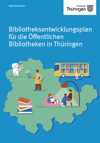 Karte von Thüringen mit Bibliotheksicons  (Buücher, lesende Personen, Bücherbus, etc.) drauf.
