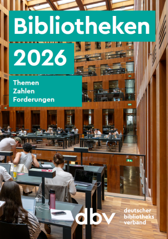 Cover des Berichts "Bibliotheken 2026" mit Foto von Lernenden im Grimm-Zentrum der HU Berlin