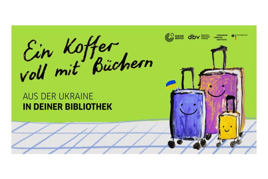 Kachelbild mit den Bücherkoffern auf Ukrainisch