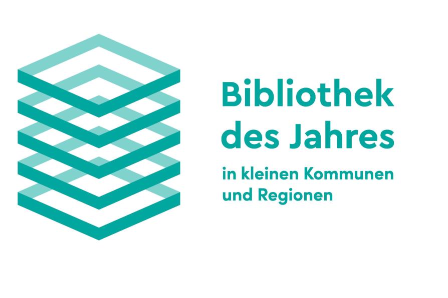 Logo der Auszeichnung "Bibliothek des Jahres in kleinen Kommunen und Regionen“ in grüner Schrift.