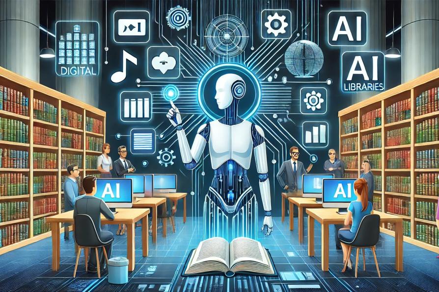 KI-generierte Grafik, die eine futuristisch anmutende Bibliothek zeigt mit mehreren Personen, die an Computern arbeiten, einige stehen skeptisch daneben. In der Mitte eine roboterartig anmutende Figur, die mit dem Finger auf ein Symbol neben ihr zeigt.   