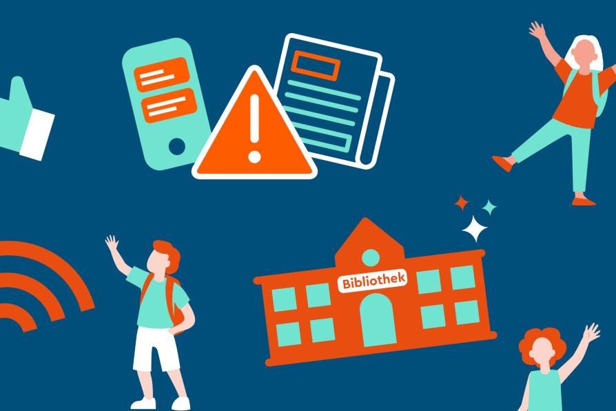 Bunte Icons, wie Bibliothek, Wlan, Daumen, auf blauem Hintergrund