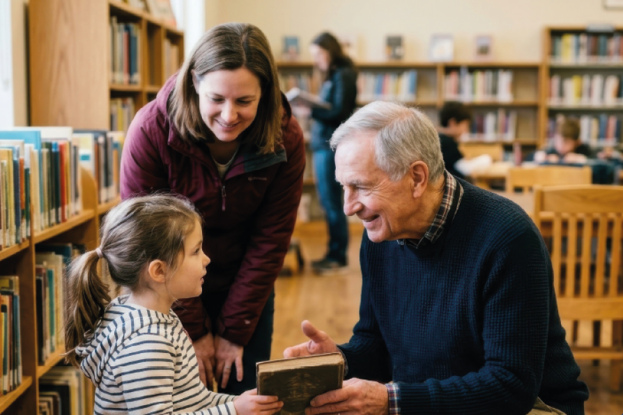 Ein Kind, eine Frau und ein älterer Herr in der Bibliothek